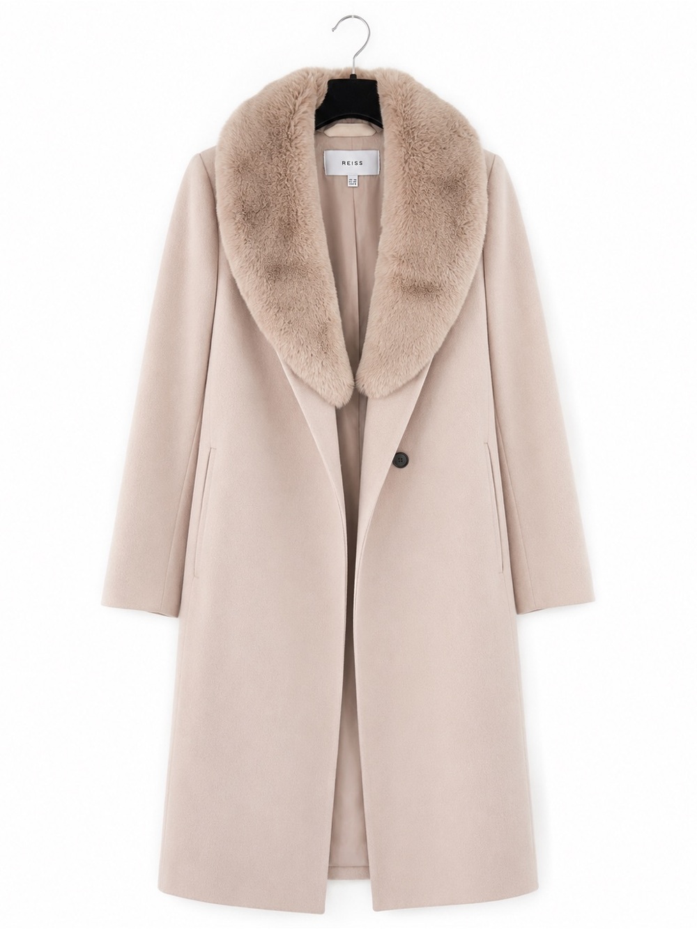 Reiss Women's Taupe Faux Fur Collar Wool Pea Coat
